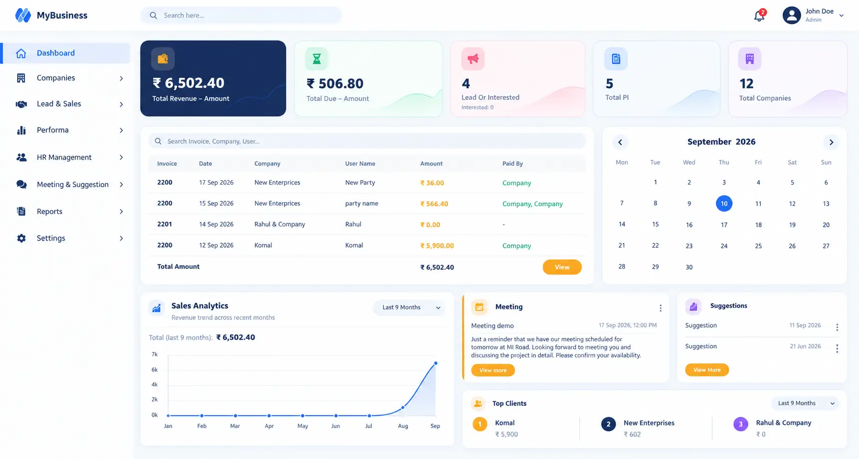 Novel Invoice dashboard showing leads, PI and payments