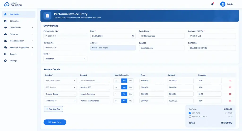 Company search auto-filling a Performa Invoice