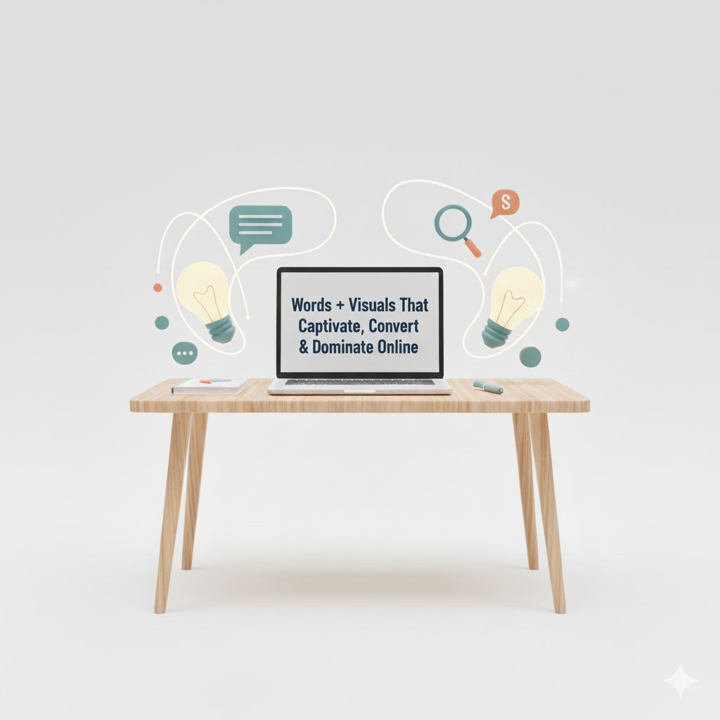 Content Writing + Digital Images - Creative Laptop with Graphics & Text